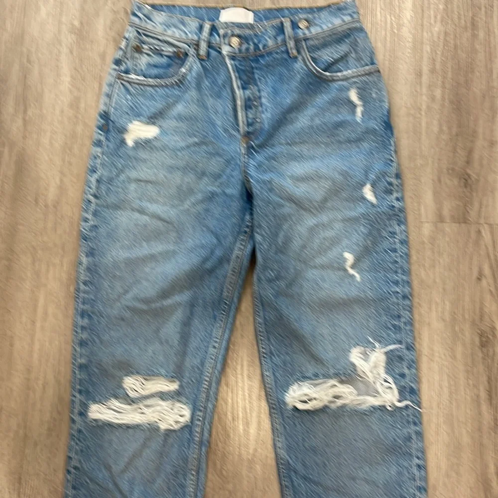 Boyish Casey Distressed Denim Straight Leg Crossover‎ Button Fly Raw Hem 25